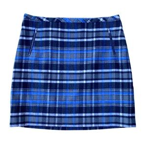 Talbots Wool Plaid Mini Skirt Faux Zipper Detail Blue Grey Size 18 Career Grunge